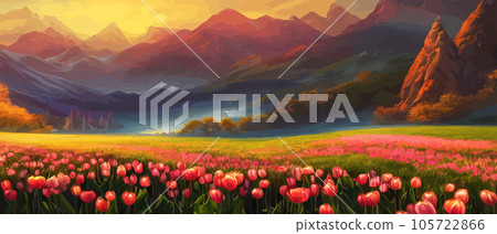 Vector illustration of Spring in the Mountains for logotype, t-shirt, banner, magazine, poster, decoration, postcard. Spring in the Mountains background. Spring 105722866