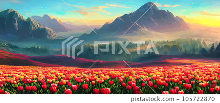 Vector illustration of Spring in the Mountains for logotype, t-shirt, banner, magazine, poster, decoration, postcard. Spring in the Mountains background. Spring 105722870