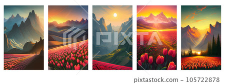 Vector spring background. Dutch landscape with tulip field, mountains. Floral vertical landscape poster. For posters, advertisements, wallpapers, landing pages. Set of illustrations Vector spring background. Dutch landscape with tulip field, mountains. Floral vertical landscape poster. For posters, advertisements, wallpapers, landing pages. Set of illustrations 105722878