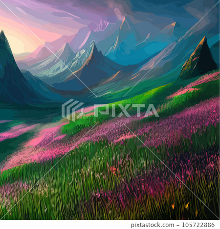 Beautiful field of tulips growing on the slope, mountains and sky illustration. Abstract field illustration. landscape spring vector background. Netherlands nature. Cover template. Poster Beautiful field of tulips growing on the slope, mountains and sky illustration. Abstract field illustration. landscape spring vector background. Netherlands nature. Cover template. Poster 105722886