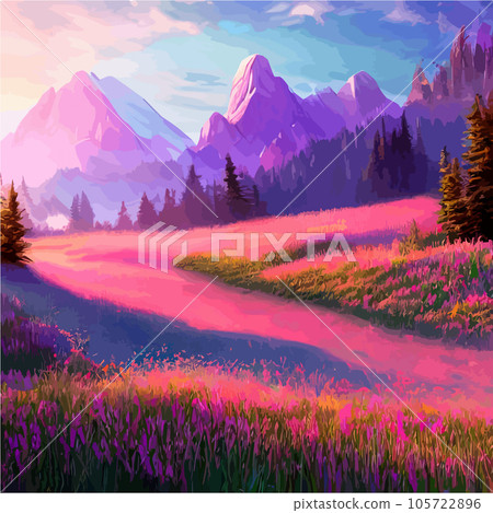 Beautiful field of tulips growing on the slope, mountains and sky illustration. Abstract field illustration. landscape spring vector background. Netherlands nature. Cover template. Poster 105722896