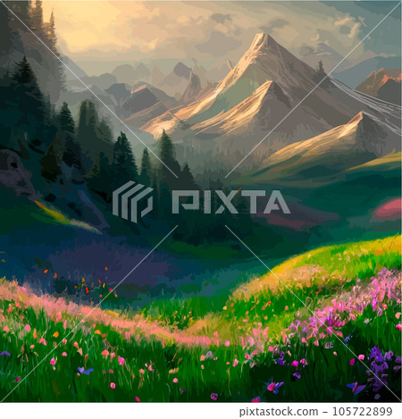 Beautiful field of tulips growing on the slope, mountains and sky illustration. Abstract field illustration. landscape spring vector background. Netherlands nature. Cover template. Poster 105722899