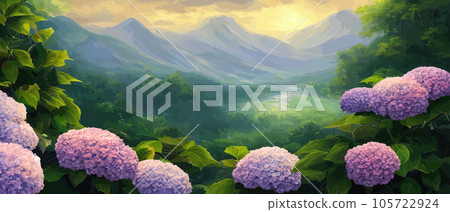 Mountain spring landscape, mountains with snowy peaks, lilac flower bushes, cartoon flat spring nature, green pasture meadow with forests, beautiful spring day mountains, vector illustration banner 105722924
