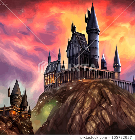 Cartoon castle on a hill in rainy weather. Landscape of a fairy kingdom in the moonlight at night. Medieval palace with towers, stream, trees, a field and a bridge with a road to the Royal Castle. 105722937