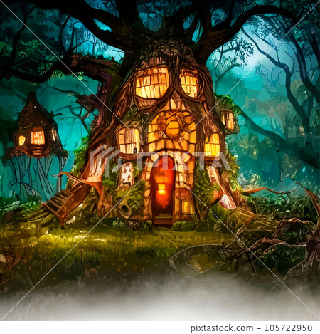 Fairy-tale house in a tree with a roof intertwined. Square flat cartoon illustration with textures. Forest house made leaves and clay gnome vector. Fairy elf gnome magic. 105722950