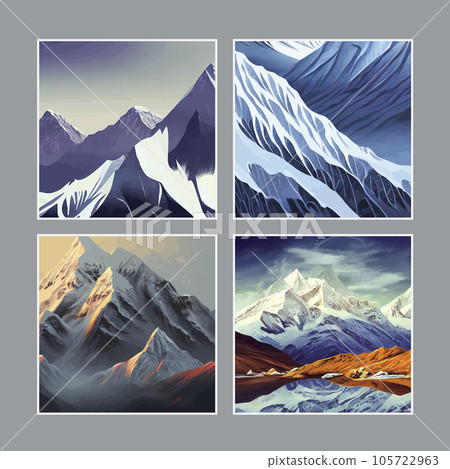 set of four nature posters. Mountain mature silhouette element outdoor icon snowy ice peaks and decorative, Realistic illustration of mountain landscape with hill and forest with coniferous trees 105722963