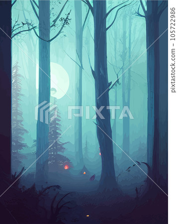 Spooky forest with full moon and floor. Without leaves and branches autumn. Design Halloween season. Vector illustration vertical poster. Horror wood, trees, night, fog, strange, terrible, terrible 105722986