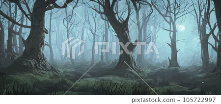 Terrifying surreal forest. unreal world. Mysterious Forest, Danger, Fear, Anxiety. Mysterious forest landscape with spooky trees silhouettes overgrown. A scene from a horror movie. autumn night Terrifying surreal forest. unreal world. Mysterious Forest, Danger, Fear, Anxiety. Mysterious forest landscape with spooky trees silhouettes overgrown. A scene from a horror movie. autumn night 105722997