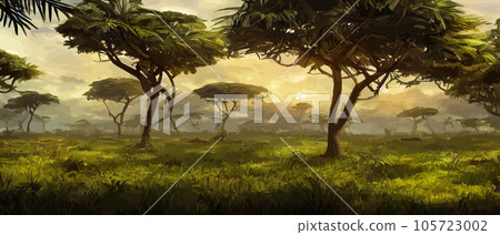 Wild savanna landscape. Savannah, African wild nature with acacia trees, grass, sand and water. Africa landscape panorama. Kenya National Park, panoramic view. Flat vector illustration Wild savanna landscape. Savannah, African wild nature with acacia trees, grass, sand and water. Africa landscape panorama. Kenya National Park, panoramic view. Flat vector illustration 105723002