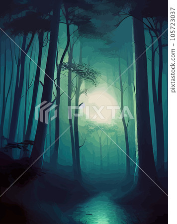 Spooky forest with full moon and floor. Without leaves and branches autumn. Design Halloween season. Vector illustration vertical poster. Horror wood, trees, night, fog, strange, terrible, terrible 105723037