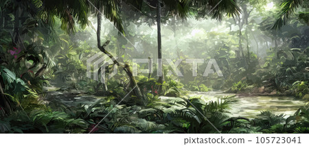 Tropical vintage botanical landscape illustration, palm tree, vegetable flower border background. Exotic green jungle background and wallpaper, forrest, rainforest, plants and nature illustration Tropical vintage botanical landscape illustration, palm tree, vegetable flower border background. Exotic green jungle background and wallpaper, forrest, rainforest, plants and nature illustration 105723041