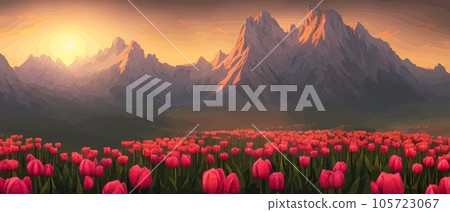 A field of tulips against the backdrop of mountains. Spring banner vector illustration. huge field of colorful tulips. Behind the field is a mountain range. Sunset. clouds of orange 105723067