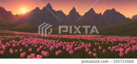 A field of tulips against the backdrop of mountains. Spring banner vector illustration. huge field of colorful tulips. Behind the field is a mountain range. Sunset. clouds of orange A field of tulips against the backdrop of mountains. Spring banner vector illustration. huge field of colorful tulips. Behind the field is a mountain range. Sunset. clouds of orange 105723068