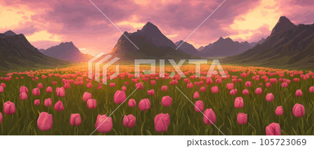 A field of tulips against the backdrop of mountains. Spring banner vector illustration. huge field of colorful tulips. Behind the field is a mountain range. Sunset. clouds of orange 105723069