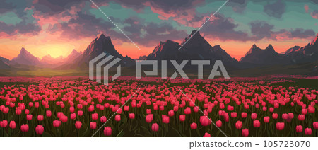 A field of tulips against the backdrop of mountains. Spring banner vector illustration. huge field of colorful tulips. Behind the field is a mountain range. Sunset. clouds of orange 105723070