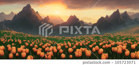 A field of tulips against the backdrop of mountains. Spring banner vector illustration. huge field of colorful tulips. Behind the field is a mountain range. Sunset. clouds of orange 105723071