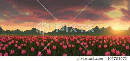 A field of tulips against the backdrop of mountains. Spring banner vector illustration. huge field of colorful tulips. Behind the field is a mountain range. Sunset. clouds of orange A field of tulips against the backdrop of mountains. Spring banner vector illustration. huge field of colorful tulips. Behind the field is a mountain range. Sunset. clouds of orange 105723072
