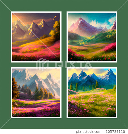 Beautiful field of tulips growing on the slope, mountains and sky illustration. Abstract field illustration. landscape spring vector background. Netherlands nature. Cover template. Poster, set Beautiful field of tulips growing on the slope, mountains and sky illustration. Abstract field illustration. landscape spring vector background. Netherlands nature. Cover template. Poster, set 105723110