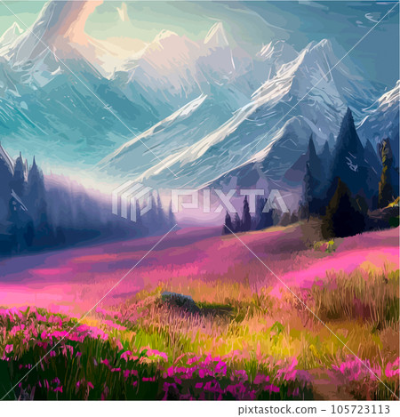 Beautiful field of tulips growing on the slope, mountains and sky illustration. Abstract field illustration. landscape spring vector background. Netherlands nature. Cover template. Poster 105723113
