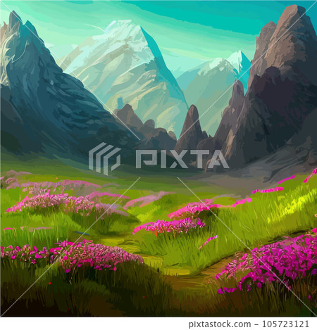 Beautiful field of tulips growing on the slope, mountains and sky illustration. Abstract field illustration. landscape spring vector background. Netherlands nature. Cover template. Poster 105723121