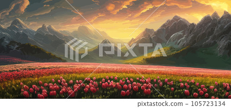 Vector illustration of Spring in the Mountains for logotype, t-shirt, banner, magazine, poster, decoration, postcard. Spring in the Mountains background. Spring 105723134