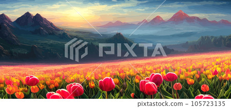 Vector illustration of Spring in the Mountains for logotype, t-shirt, banner, magazine, poster, decoration, postcard. Spring in the Mountains background. Spring 105723135