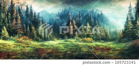 Wild natural landscape with mountains, coniferous forest with copy space. Great travel advertising, brochures, labels. Vector banner illustration. Idyllic amazing landscapes nature. beautiful season  105723141