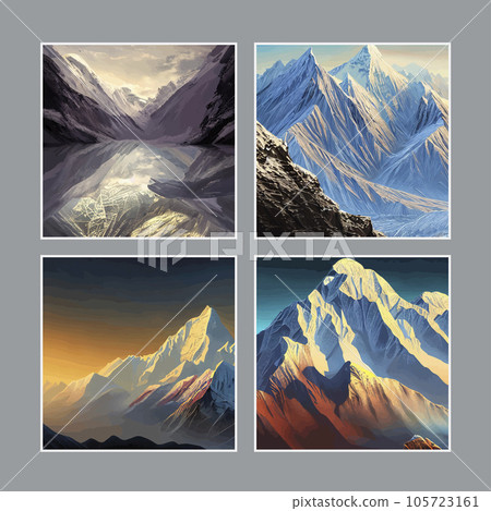 Realistic illustration mountain landscape with a hill forest with coniferous trees, under blue winter sky with space for text. Gray mountains forest retro vintage vector background illustration. 105723161