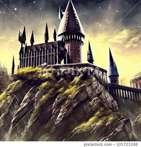 Cartoon castle on a hill in rainy weather. Landscape of a fairy kingdom in the moonlight at night. Medieval palace with towers, stream, trees, a field and a bridge with a road to the Royal Castle. Cartoon castle on a hill in rainy weather. Landscape of a fairy kingdom in the moonlight at night. Medieval palace with towers, stream, trees, a field and a bridge with a road to the Royal Castle. 105723188