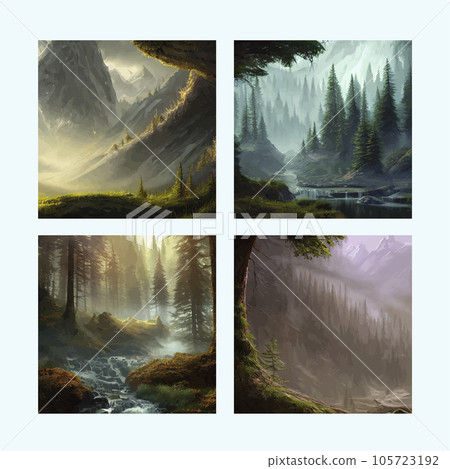 Forest foggy landscape flat Natural landscape with spruce trees and hill silhouettes horizon. Set illustrations cartoon landscapes. Design element poster, card, banner, flyer. Vector illustration Forest foggy landscape flat Natural landscape with spruce trees and hill silhouettes horizon. Set illustrations cartoon landscapes. Design element poster, card, banner, flyer. Vector illustration 105723192