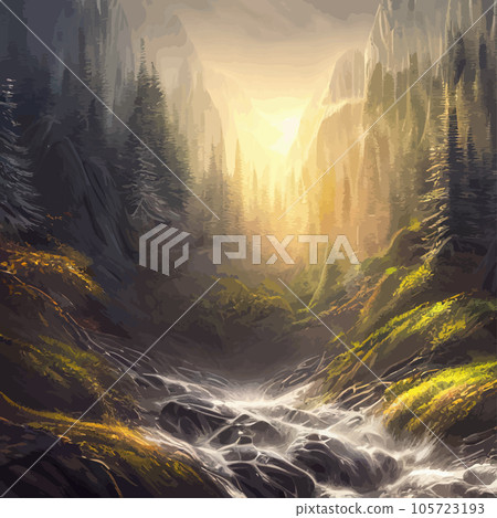 Nature and landscape. Vector illustration trees, forests, mountains, plants. Image for background, card or cover. Illustration. Natural landscape with spruce trees. Modern minimal abstract background  105723193