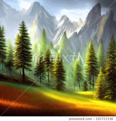 Nature and landscape. Vector illustration trees, forests, mountains, plants. Image for background, card or cover. Illustration. Natural landscape with spruce trees. Modern minimal abstract background Nature and landscape. Vector illustration trees, forests, mountains, plants. Image for background, card or cover. Illustration. Natural landscape with spruce trees. Modern minimal abstract background 105723196