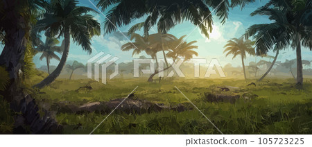 Wild savanna landscape. Savannah, African wild nature with acacia trees, grass, sand and water. Africa landscape panorama. Kenya National Park, panoramic view. Flat vector illustration Wild savanna landscape. Savannah, African wild nature with acacia trees, grass, sand and water. Africa landscape panorama. Kenya National Park, panoramic view. Flat vector illustration 105723225