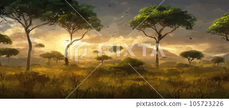 Wild savanna landscape. Savannah, African wild nature with acacia trees, grass, sand and water. Africa landscape panorama. Kenya National Park, panoramic view. Flat vector illustration Wild savanna landscape. Savannah, African wild nature with acacia trees, grass, sand and water. Africa landscape panorama. Kenya National Park, panoramic view. Flat vector illustration 105723226