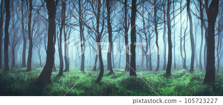 Terrifying surreal forest. unreal world. Mysterious Forest, Danger, Fear, Anxiety. Mysterious forest landscape with spooky trees silhouettes overgrown. A scene from a horror movie. autumn night Terrifying surreal forest. unreal world. Mysterious Forest, Danger, Fear, Anxiety. Mysterious forest landscape with spooky trees silhouettes overgrown. A scene from a horror movie. autumn night 105723227