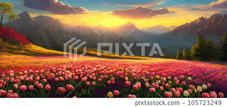 Vector illustration of Spring in the Mountains for logotype, t-shirt, banner, magazine, poster, decoration, postcard. Spring in the Mountains background. Spring Vector illustration of Spring in the Mountains for logotype, t-shirt, banner, magazine, poster, decoration, postcard. Spring in the Mountains background. Spring 105723249