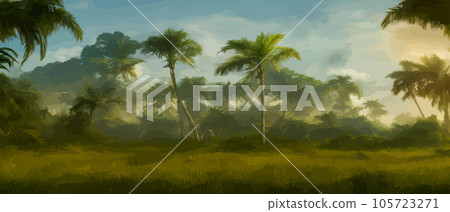 African savanna. Grass, acacia trees and river. Realistic vector landscape. African nature. Reserves and national parks. Banner vector illustration. Savanna landscape background African savanna. Grass, acacia trees and river. Realistic vector landscape. African nature. Reserves and national parks. Banner vector illustration. Savanna landscape background 105723271