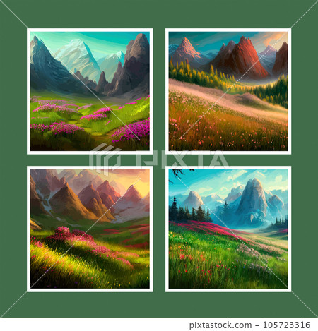 Beautiful field of tulips growing on the slope, mountains and sky illustration. Abstract field illustration. landscape spring vector background. Netherlands nature. Cover template. Poster, set 105723316