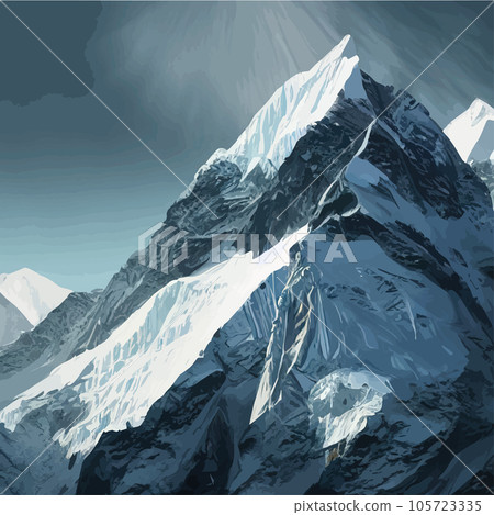 Realistic illustration mountain landscape with a hill forest with coniferous trees, under blue winter sky with space for text. Gray mountains forest retro vintage vector background illustration. Realistic illustration mountain landscape with a hill forest with coniferous trees, under blue winter sky with space for text. Gray mountains forest retro vintage vector background illustration. 105723335