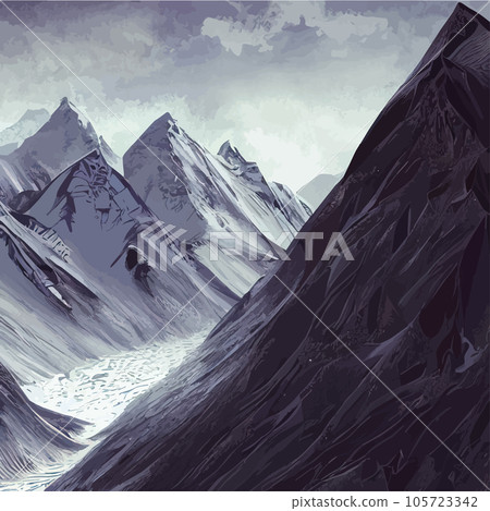 Realistic illustration mountain landscape with a hill forest with coniferous trees, under blue winter sky with space for text. Gray mountains forest retro vintage vector background illustration. Realistic illustration mountain landscape with a hill forest with coniferous trees, under blue winter sky with space for text. Gray mountains forest retro vintage vector background illustration. 105723342