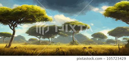 Wild savanna landscape. Savannah, African wild nature with acacia trees, grass, sand and water. Africa landscape panorama. Kenya National Park, panoramic view. Flat vector illustration 105723429