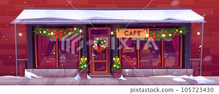 Christmas cafe decorated with garlands Christmas cafe decorated with garlands 105723430