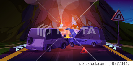 Night car crash near on mountain tunnel road Night car crash near on mountain tunnel road 105723442