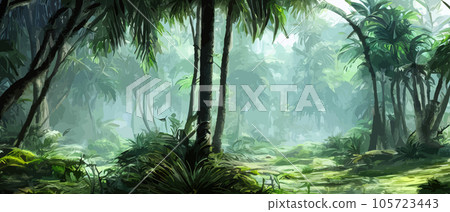 Tropical vintage botanical landscape illustration, palm tree, vegetable flower border background. Exotic green jungle background and wallpaper, forrest, rainforest, plants and nature illustration 105723443