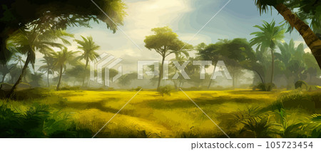 African savanna. Grass, acacia trees and river. Realistic vector landscape. African nature. Reserves and national parks. Banner vector illustration. Savanna landscape background 105723454