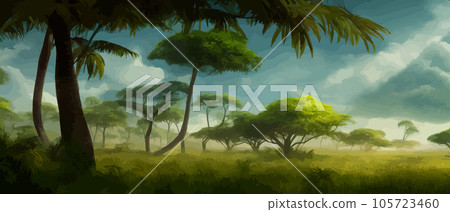 African savanna. Grass, acacia trees and river. Realistic vector landscape. African nature. Reserves and national parks. Banner vector illustration. Savanna landscape background 105723460