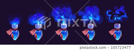 Blue elixir bottle with gas cloud puff effect 105723477