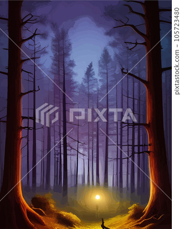 Spooky forest with full moon and floor. Without leaves and branches autumn. Design Halloween season. Vector illustration vertical poster. Horror wood, trees, night, fog, strange, terrible, terrible 105723480