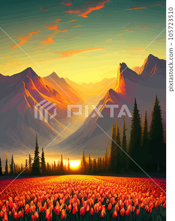 Vector spring background. Dutch landscape with tulip field, trees, hills, mountains. Floral vertical landscape poster cartoon hand drawn style. For posters, advertisements, wallpapers, landing pages Vector spring background. Dutch landscape with tulip field, trees, hills, mountains. Floral vertical landscape poster cartoon hand drawn style. For posters, advertisements, wallpapers, landing pages 105723510