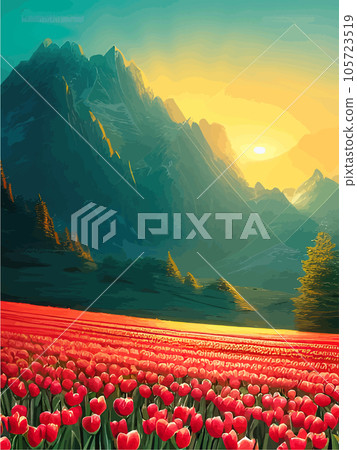 Vector spring background. Dutch landscape with tulip field, trees, hills, mountains. Floral vertical landscape poster cartoon hand drawn style. For posters, advertisements, wallpapers, landing pages 105723519